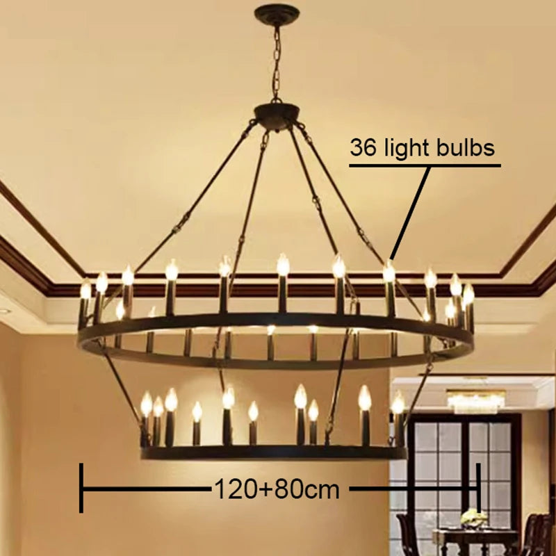 America Retro Industrial Iron Round Led Pendant Black Metallic Hanging Living Room Cafe Restaurant Decoration Suspend Chandelier