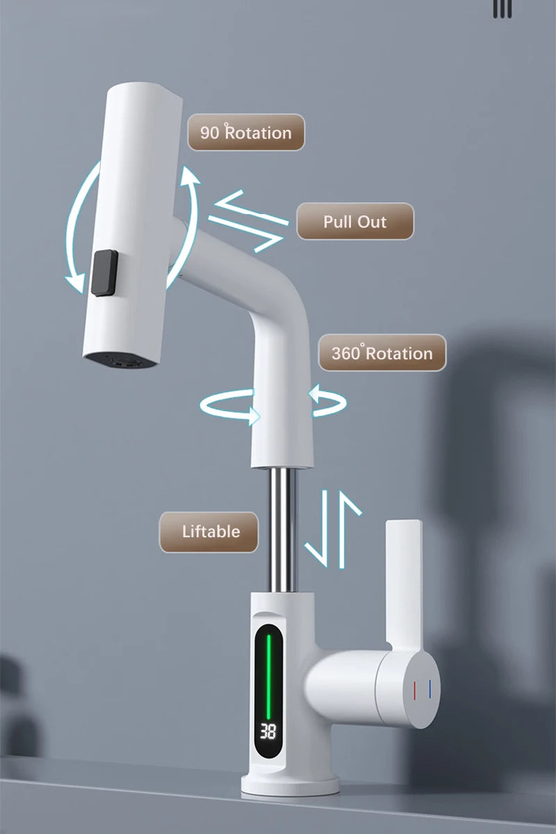 Waterfall Pull Out Kitchen Faucet White Intelligent Digital Display Cold Hot Mixer Taps Rotatable Sink Lifting Basin Faucet