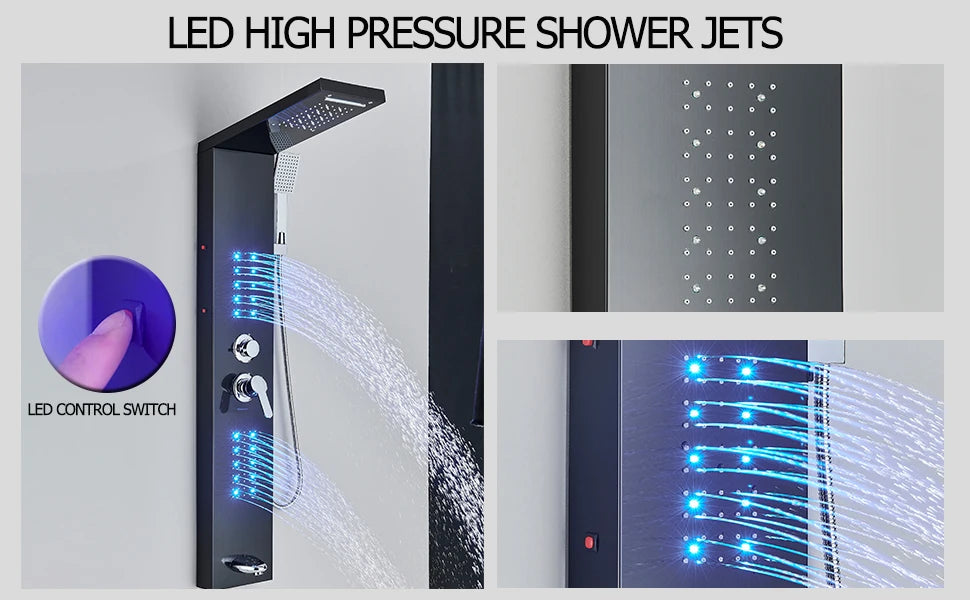 OUIO Brush LED Shower Panel Column Shower Faucet Bathtub Mixer Tap With Massage Body Spa Hand Shower Temperature Screen Set