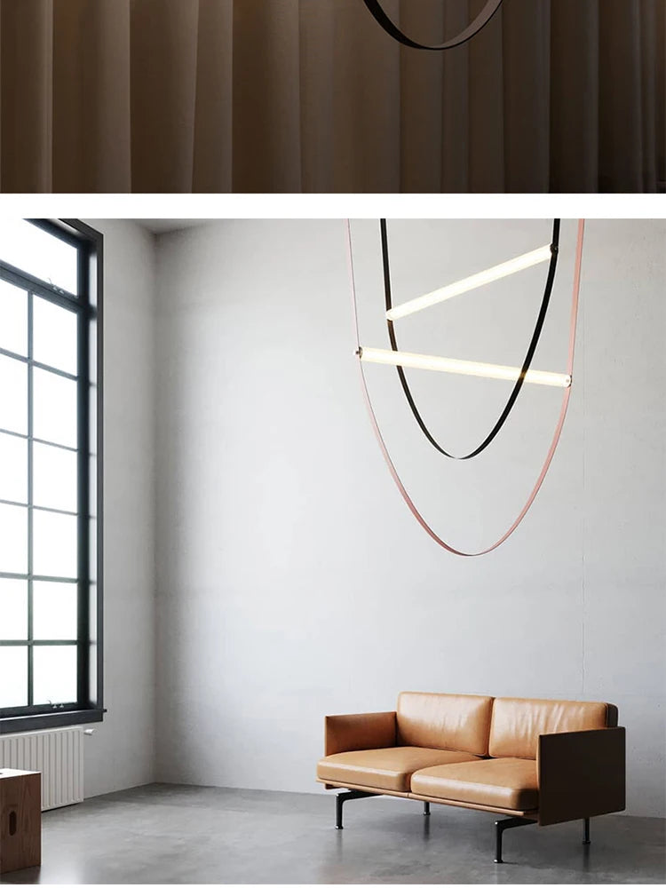 Postmodern Leather Belt Chandelier Living Room Villa Building Coffee Restaurant Glass Tube Designer Chandelier
