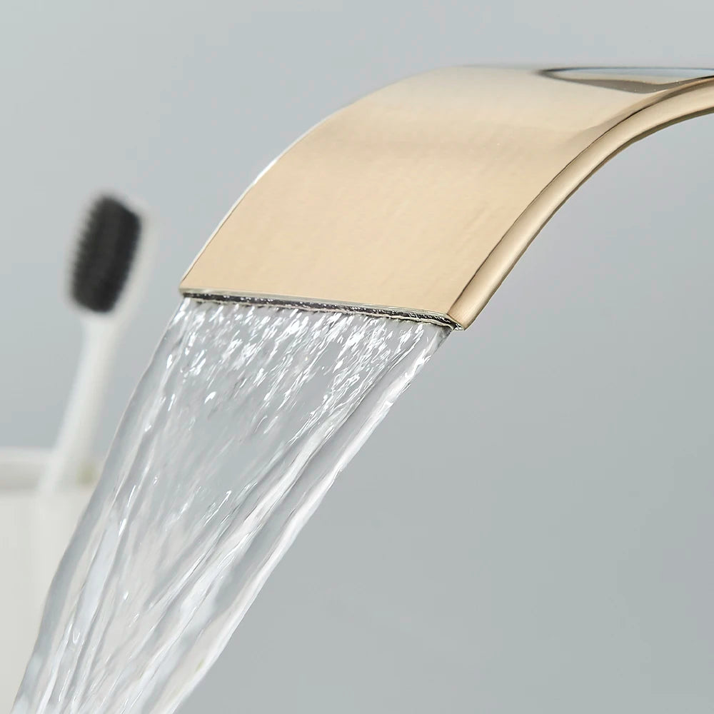 Brushed Gold Basin Sink Faucet Waterfall Outlet Vanity Hot Cold Mixer Tap Deck Mount Taps Washbasin Faucet for Bathroom