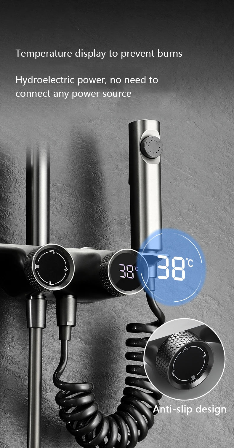 Wall-Mounted Waterfall Shelf Bathroom Mixer Faucet Digital Display Shower Set,Copper Bathroom Showers Sets Bathroom Accessories