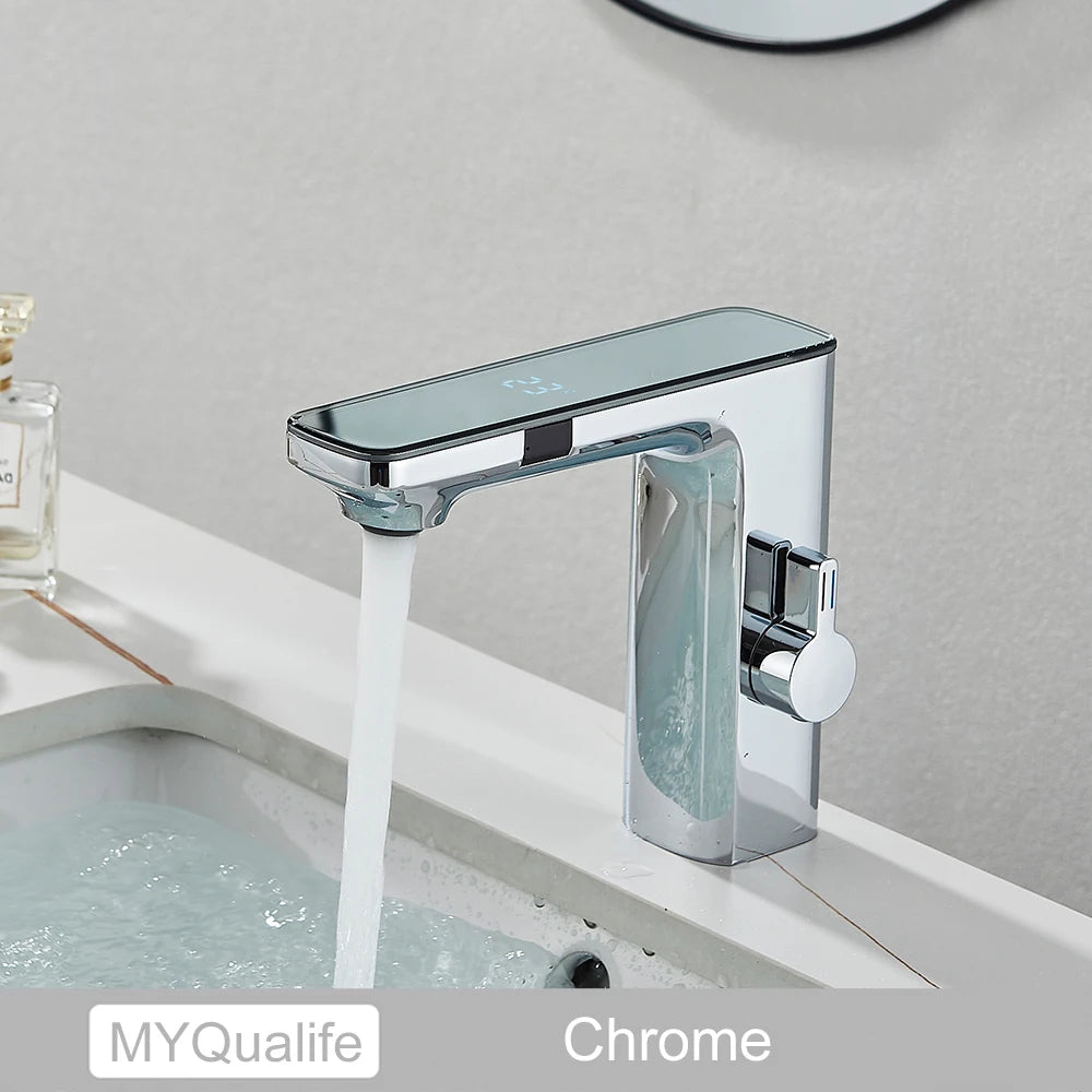 Black Gray Smart Sense Faucet Touchless Digital Display Basin Mixer Battery Power Hot Cold Mixed Water Inductive Bathroon Tap
