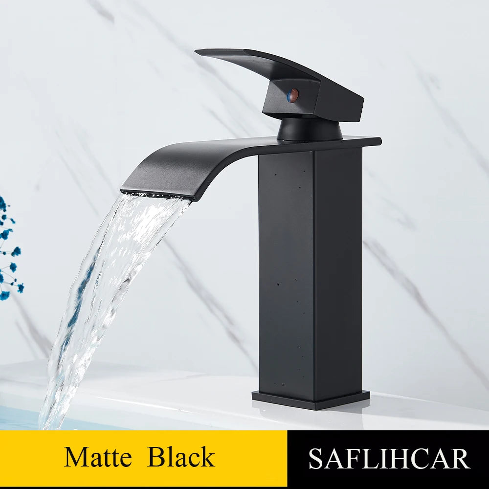Brushed Gold Basin Sink Faucet Waterfall Outlet Vanity Hot Cold Mixer Tap Deck Mount Taps Washbasin Faucet for Bathroom
