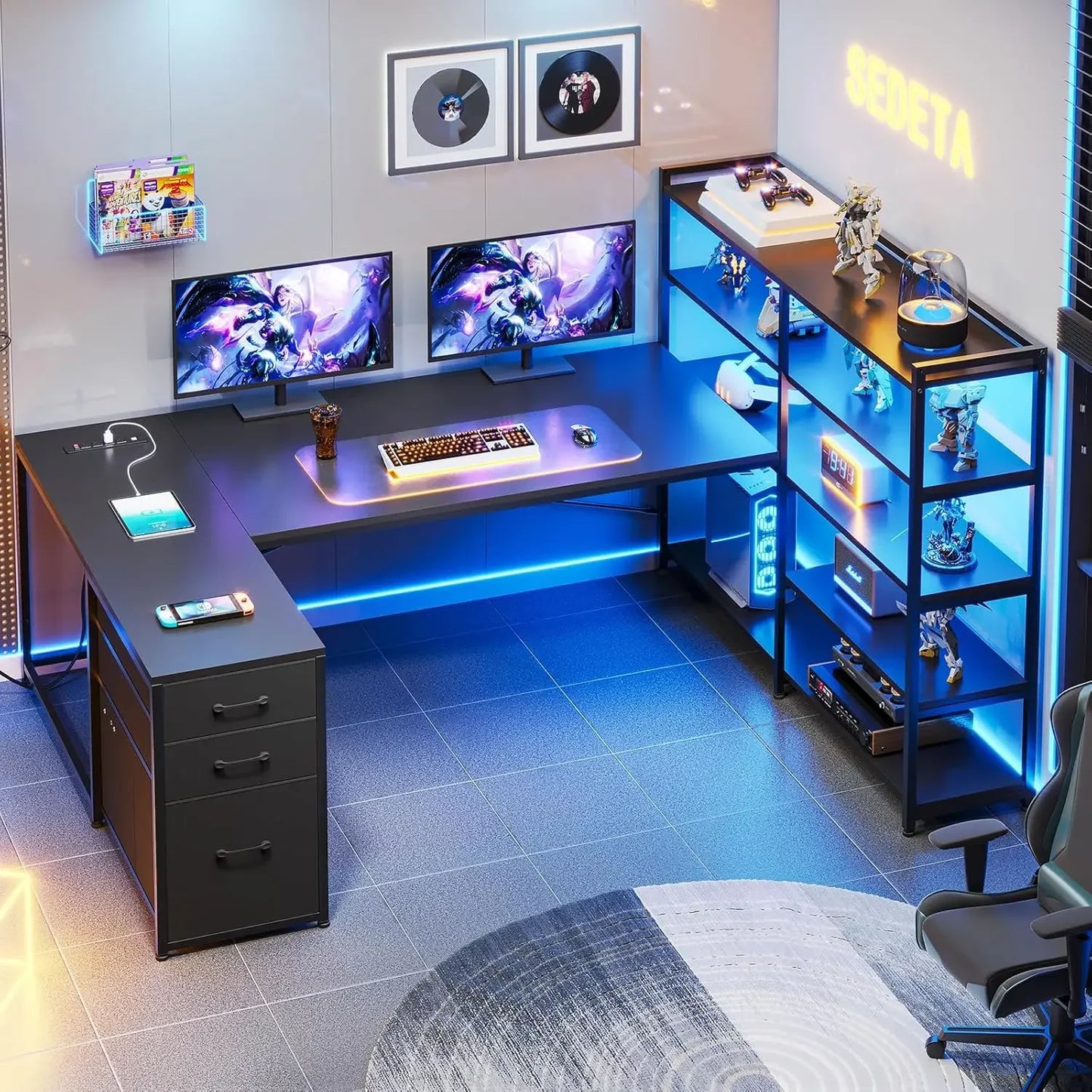L Shaped Gaming Desk with Reversible U Shaped Computer Desk with Power Outlet and Storage Shelves