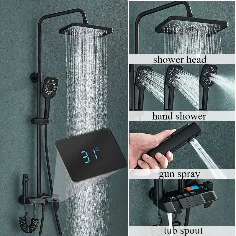 Brass Piano Smart Shower Faucet Set Bathroom Digital Display Shower Faucet Wall Mount Mixer Crane Shower Set With Bidet Sprayer