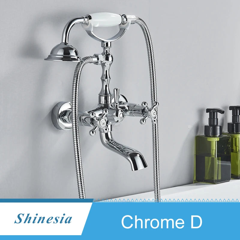 Shinesia Antique Brass Bathtub Shower Faucets Set Wall Mounted Bathroom Faucet With Shower Golden Bath Mixer