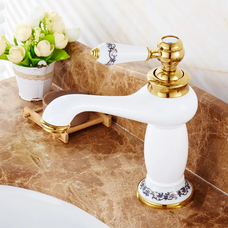 Retro European Bathroom Basin Faucets Gold Mixer Tap Ceramic Decoration Plating Chrome Single Handle Hot And Cold Deck Mounted