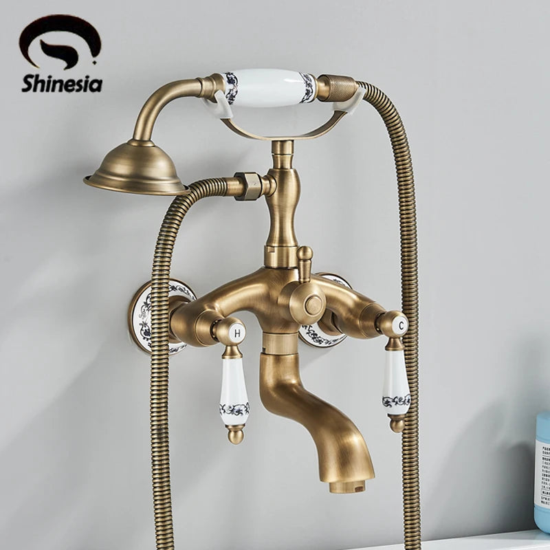 Shinesia Antique Brass Bathtub Shower Faucets Set Wall Mounted Bathroom Faucet With Shower Golden Bath Mixer