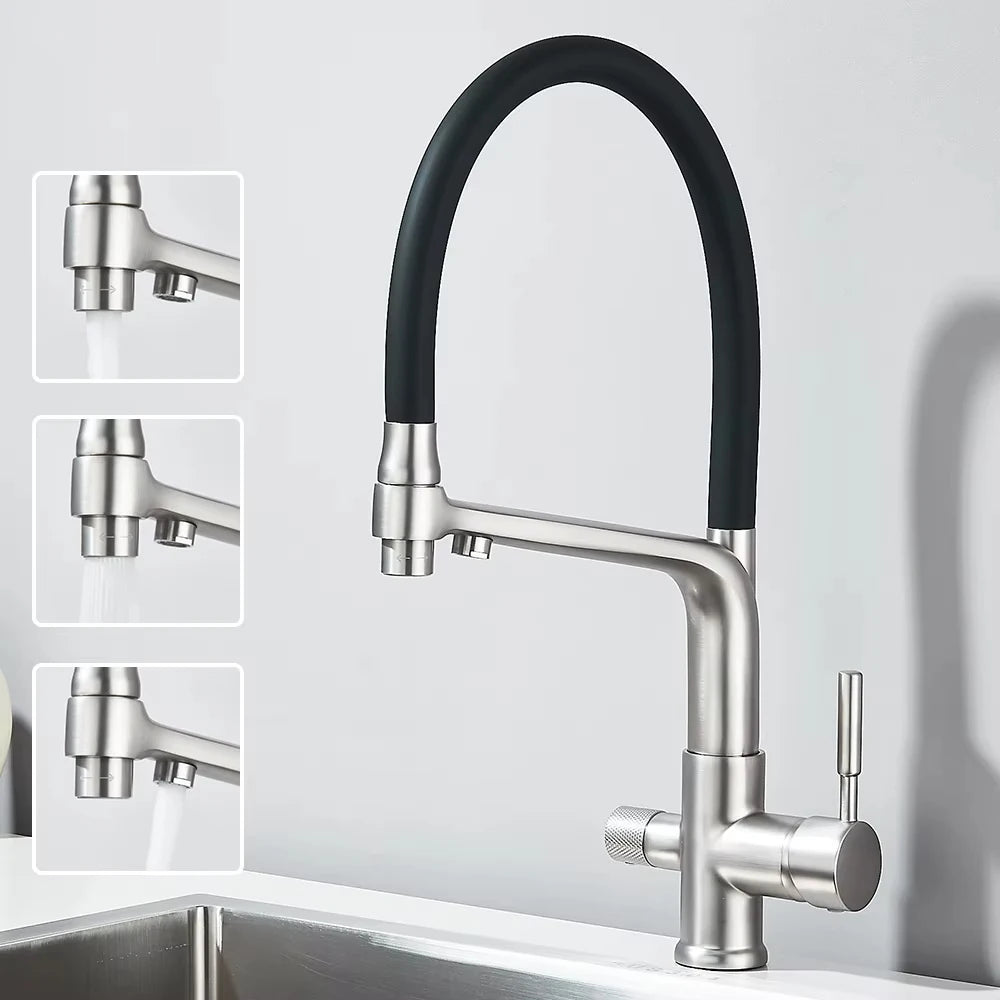 Brushed Gold Kitchen Faucet Filtered Water Dual Spout Purification Feature Kitchen Tap 360 Rotation Water Crane For Kitchen