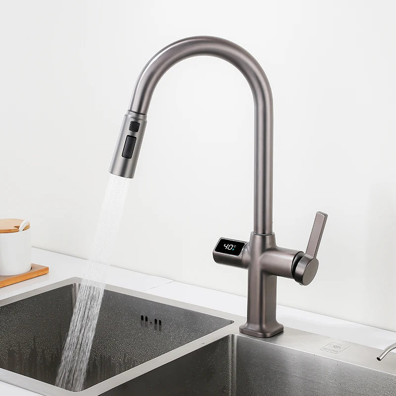 OXG Black Kitchen Faucet Gourmet Faucet Kitchen Pull Out Kitchen Sink Faucet Digital Display Function Rotatable Kitchen Taps