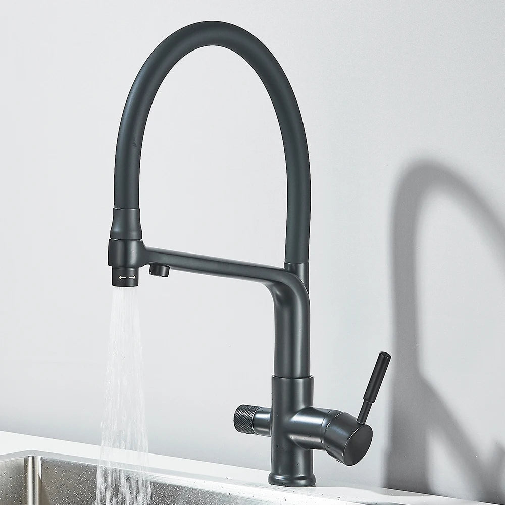 Brushed Gold Kitchen Faucet Filtered Water Dual Spout Purification Feature Kitchen Tap 360 Rotation Water Crane For Kitchen