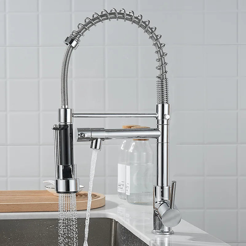 Brass kitchen sink faucet 360 degree rotating spring faucet Single handle cold and hot mixed water tap