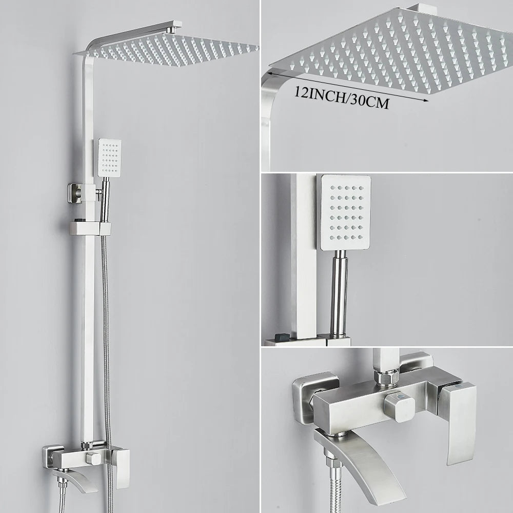 Matte Black Rainfall Shower Faucet Set 8/10/12 Inch Showerhead High Pressure Stainless Steel Rotate Spout Bath Shower Mixer