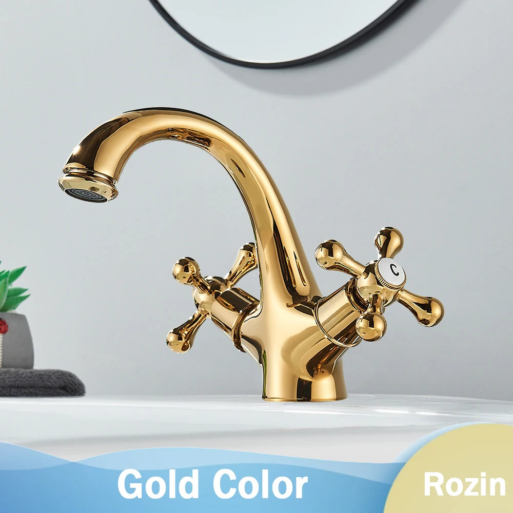 Rozin Dual Handle Basin Vessel Sink Faucet Deck Mounted Antique Brass Bathroom Washing Basin Faucet Hot and Cold Water Mixer Tap