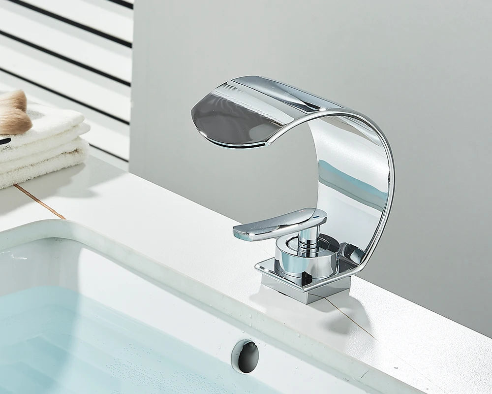 Black Thin style Bathroom Sink Faucet Modern Mixer Hot Cold Water Tap Waterfall Deck Mounted Vessel Sink Faucet
