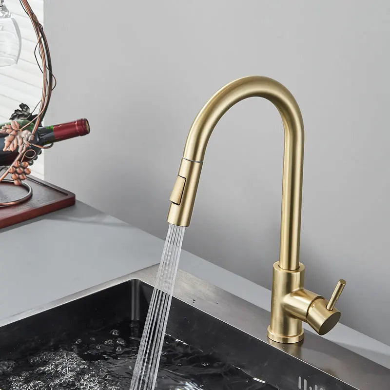 FMHJFISD Kitchen Faucet Brushed Gold Pull Out Kitchen Sink Water Tap Single Handle Mixer Tap 360 Rotation Kitchen Shower Faucet