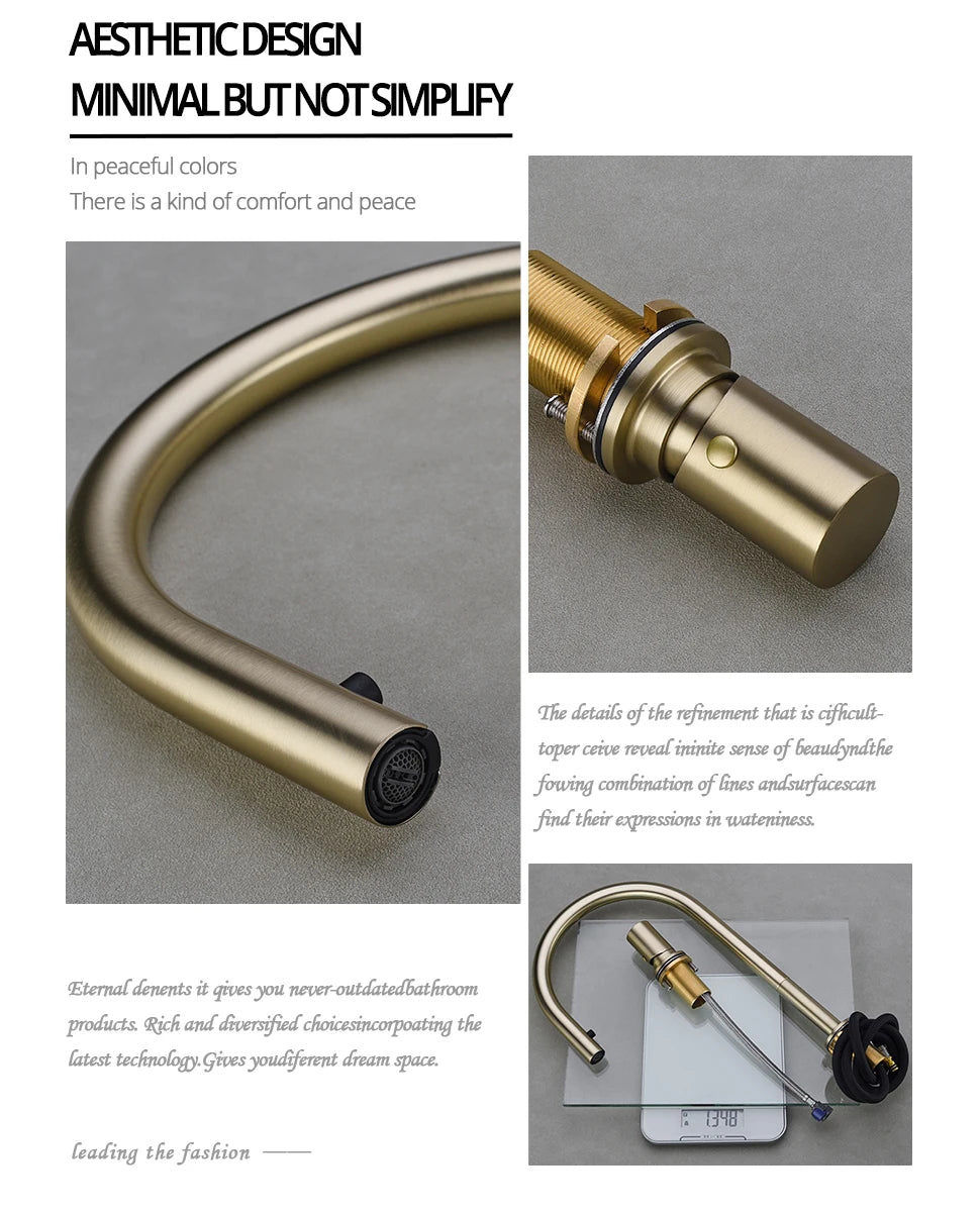 Brushed Gold Kitchen Faucet Invisible Pull Out Spray Mixer Double Hole Single Handle Solid Brass Hot and Cold Separate Sink Tap