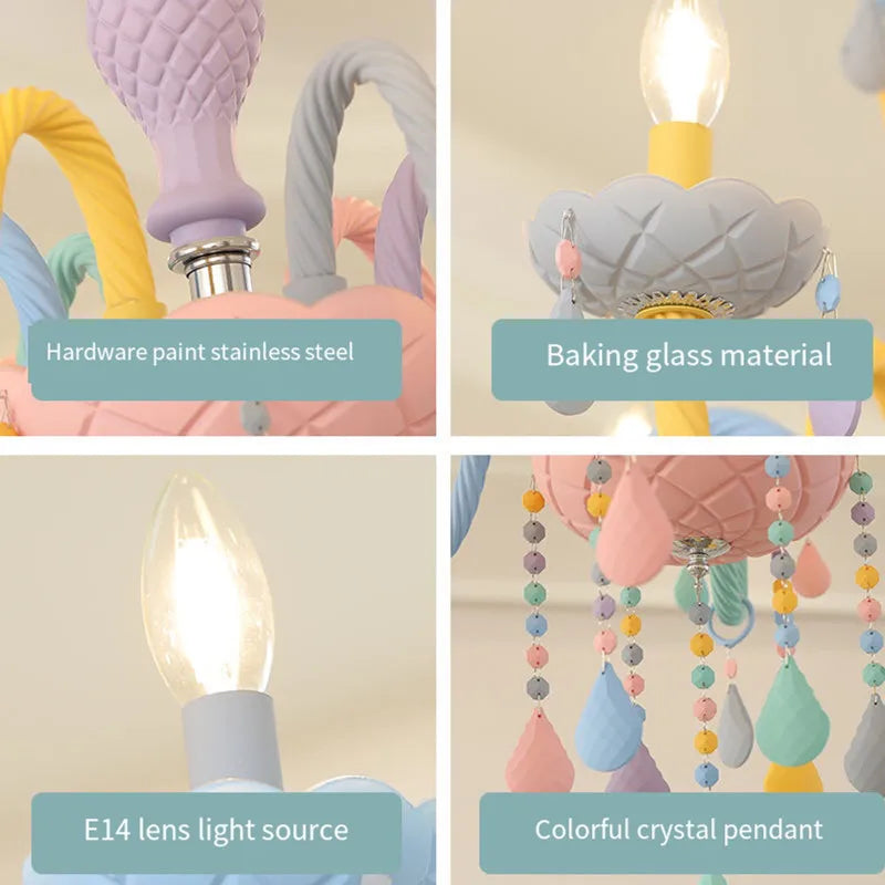Modern Romantic Rainbow Crystal Chandelier European Candle lustres Children's Makaron Girl Princess Pendant Lamps Light Fixtures