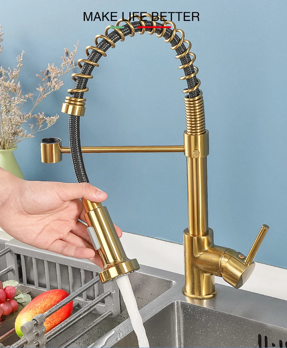 Brass Pull Out Spring Kitchen Faucet Kitchen Sink Mixer 360 Degree Rotating Stream Sprayer Nozzle Mixer Hot Cold Water Crane tap