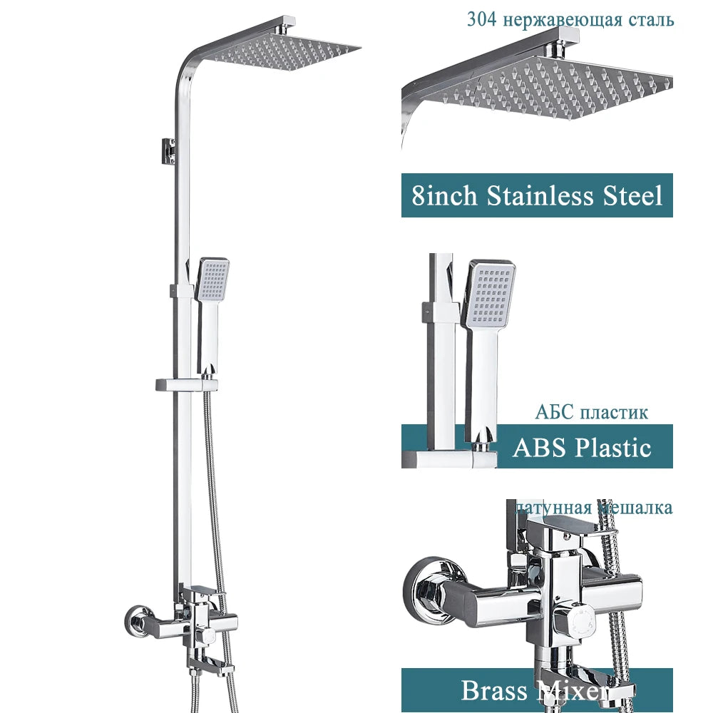 Matte Black Rainfall Shower Faucet Set 8 Inch Showerhead High Pressure Stainless Steel Bathtub Rotate Spout Bath Shower Mixer