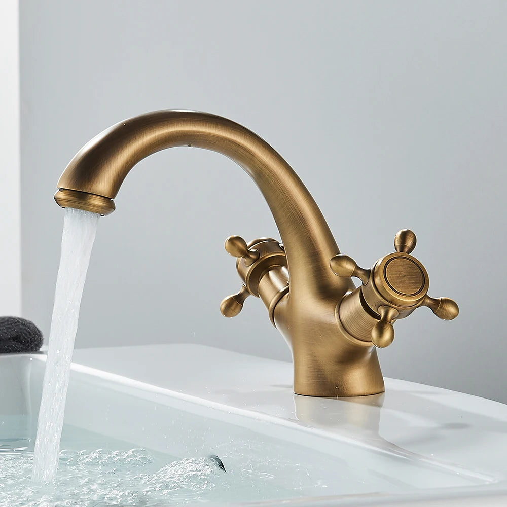 Rozin Dual Handle Basin Vessel Sink Faucet Deck Mounted Antique Brass Bathroom Washing Basin Faucet Hot and Cold Water Mixer Tap