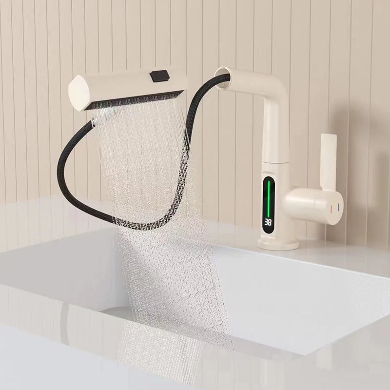 Smart Digital Display Basin Faucet 3 Function Pull Out Waterfall Spout Deck Mount Cold Hot Water Mixer Liftable Sink Crane Tap