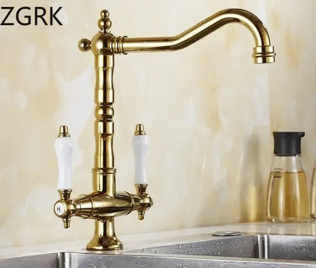 Faucet for Kitchen Dual Handle Antique Brass Retro Faucet 360 Degree Rotation Kitchen Sink Taps Deck Mounted Bathroom Sink Mixer