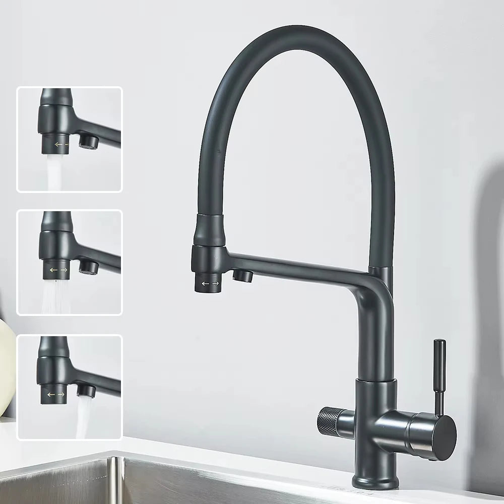 Brushed Gold Kitchen Faucet Filtered Water Dual Spout Purification Feature Kitchen Tap 360 Rotation Water Crane For Kitchen