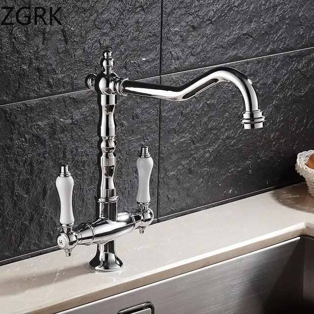 Faucet for Kitchen Dual Handle Antique Brass Retro Faucet 360 Degree Rotation Kitchen Sink Taps Deck Mounted Bathroom Sink Mixer