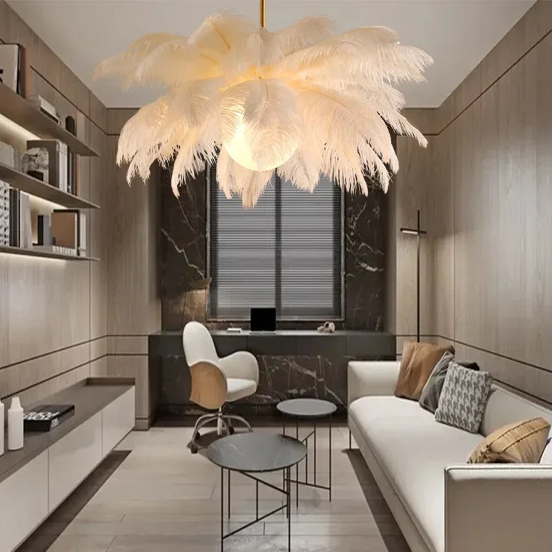 Nordic White Ostrich Feather Pendant Light Modern Led Ceiling Chandelier for Living Dining Room Children's Bedroom Hanghing Lamp