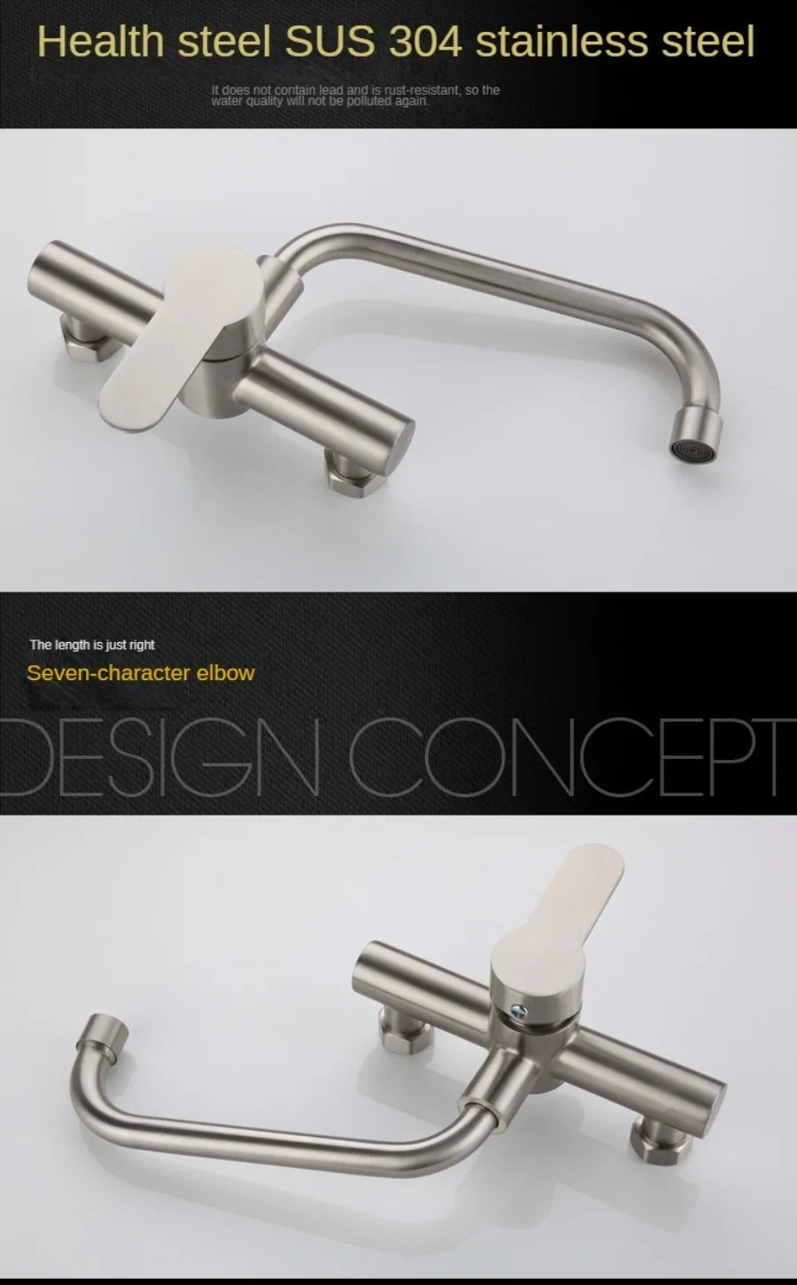 Wall Mounted Kitchen Faucet Wall Kitchen Mixers Kitchen Sink Tap 360 Degree Free Swivel Flexible Hose Double Holes Water Taps