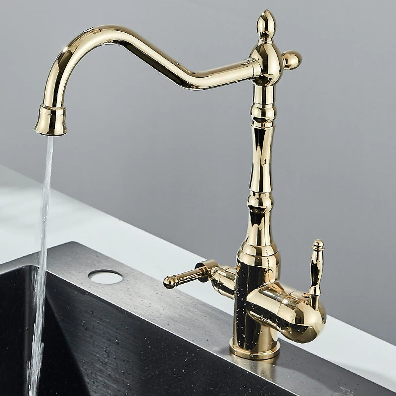 Antique Brass Filtered Kitchen Faucet Purify Faucets Mixer Tap Hot Cold Water 360 Rotation Water Purification Water Crane Tap