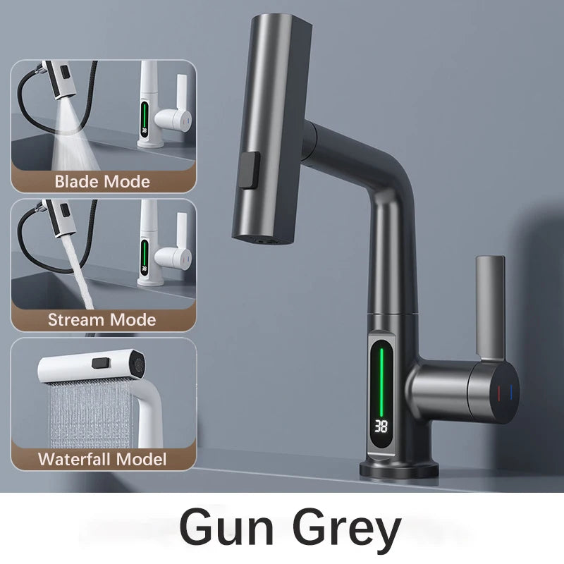 Waterfall Pull Out Kitchen Faucet White Intelligent Digital Display Cold Hot Mixer Taps Rotatable Sink Lifting Basin Faucet
