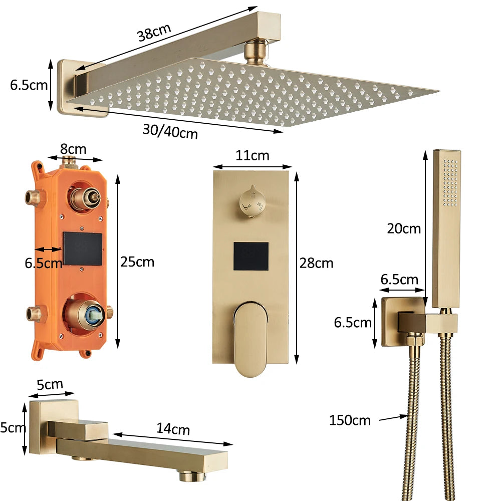 Brushed Gold Digital Display Concealed Shower System 2/3 way Shower Set Hydropower Mixer Swivel Spout Built in Wall Shower Taps