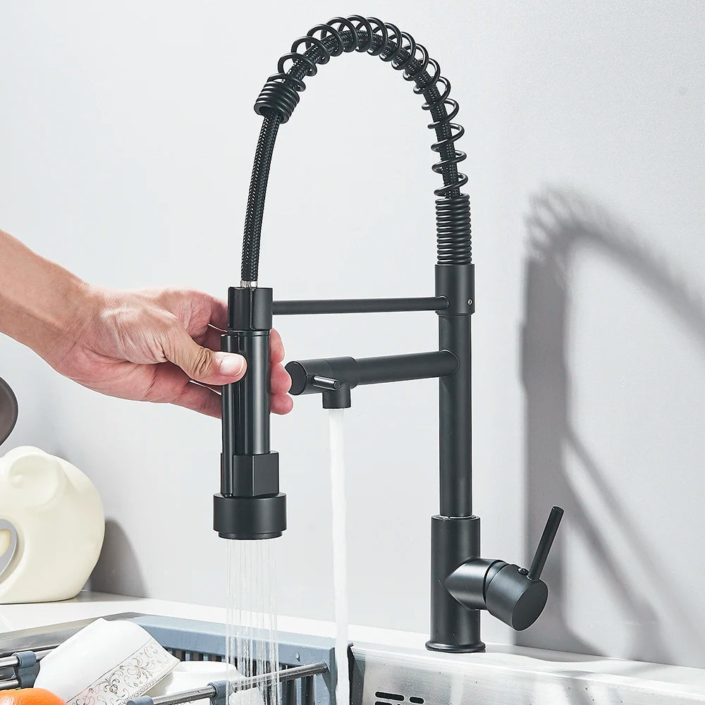 Matte Black Removable Gourmet Kitchen Faucet Double Spout Rotatable Deck Mount Single Handle Cold Hot Water Mixer Kitchen Crane