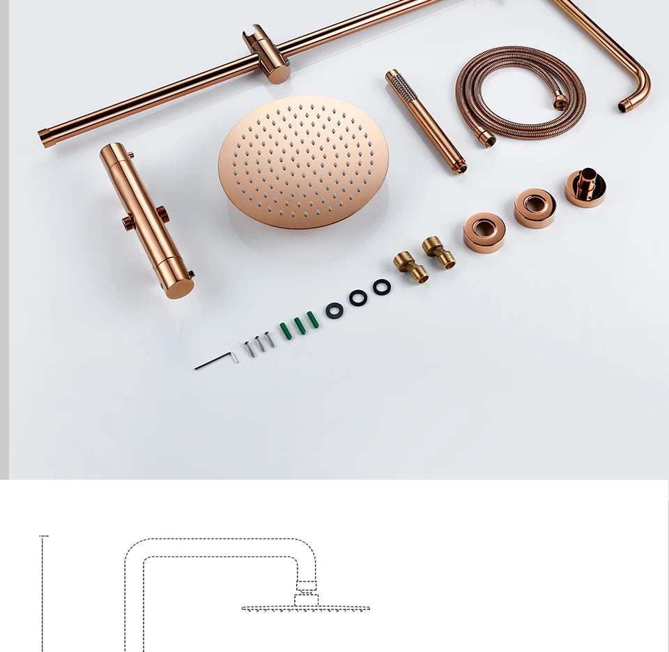 Rose Gold Thermostatic Shower Falcet Sets Wall Mount Brass Bathroom Blend Rainshower Falcet Rainfall Shower Tap Thermostat Systems