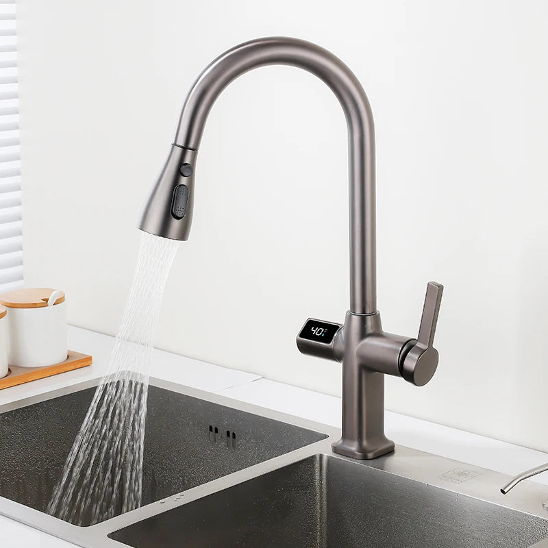OXG Black Kitchen Faucet Gourmet Faucet Kitchen Pull Out Kitchen Sink Faucet Digital Display Function Rotatable Kitchen Taps