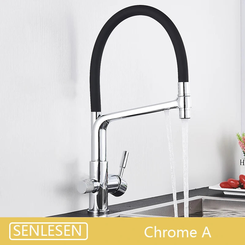 Brushed Golden Kitchen Sink Faucet Pure Water Filter Mixer Crane Dual Handle Pull Down Purification Kitchen Hot Cold Water Tap