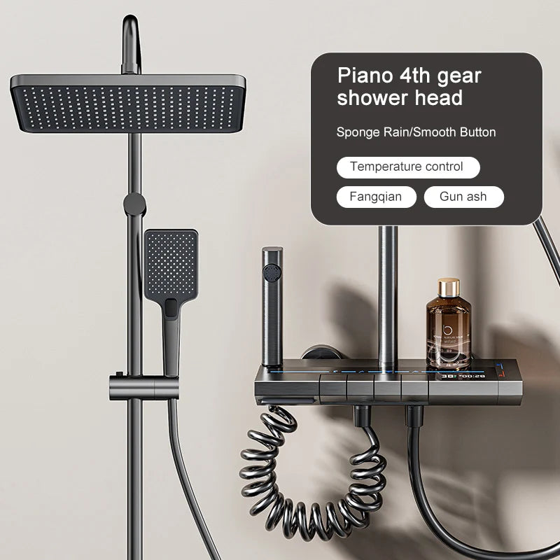 Space Aluminum Shower Set Gray Shower System Set Digital Display Piano Button With Ambient Light Bathroom Faucets Shower Head