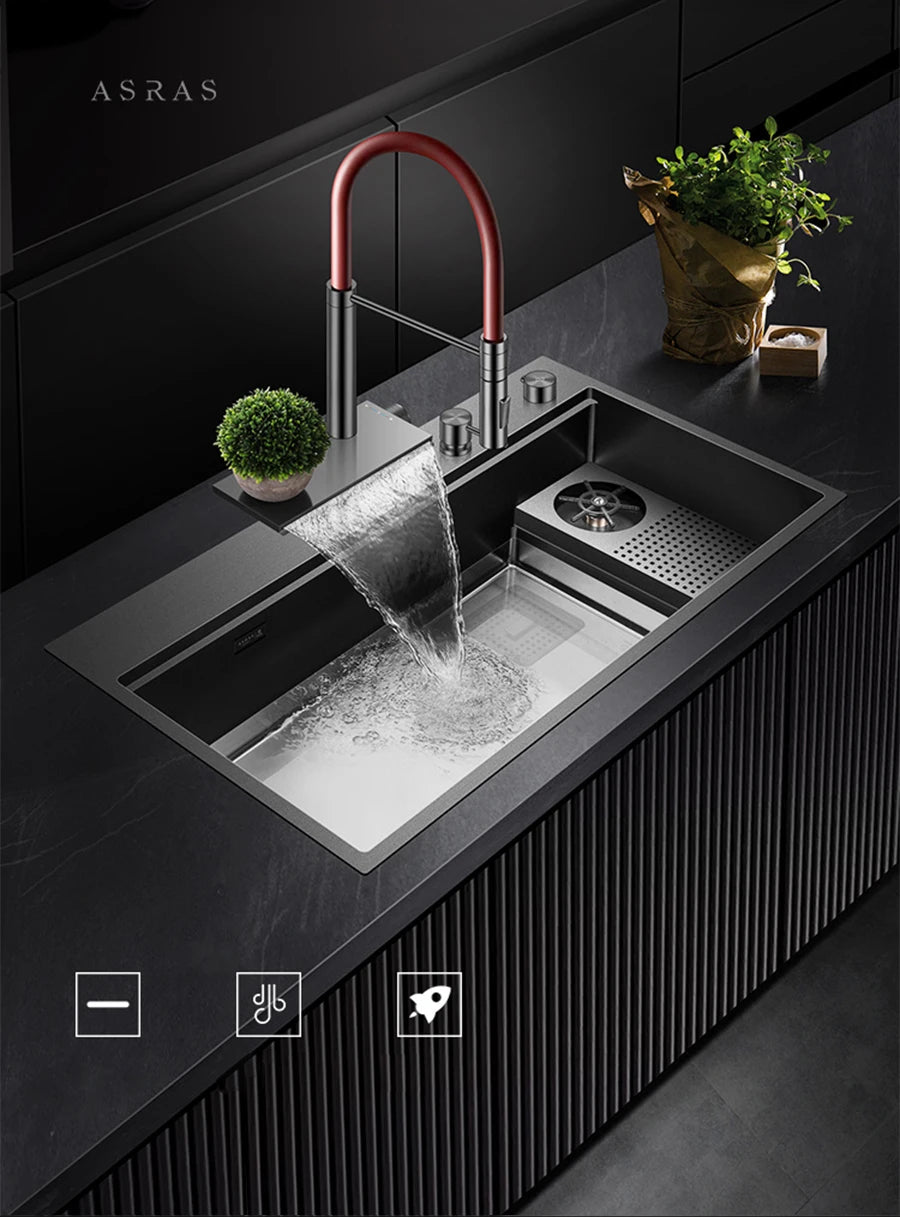 ASRAS Flying Rain Waterfall Faucet Hot And Cold Water Kitchen Faucet Single Handle Switch Pull Out 360 Degree Kitchen Mixer Tap