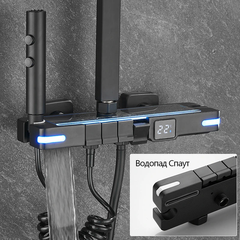 Brass Shower Faucet Thermostatic,Shower Syetem,30cm Spray Head, Digital Display LED,Bathroom Faucet,Black/Chrome