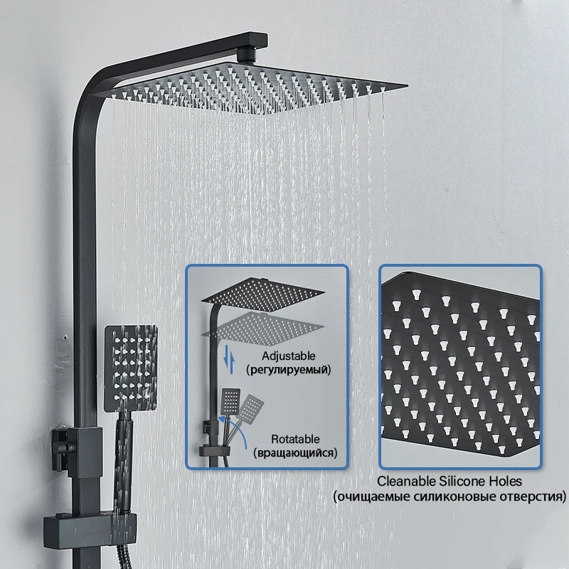 Black Smart Thermostatic Shower Faucet Set Bathroom Intelligent Rainfall Digital Mixer Tap With Rack and Bidet Bath System