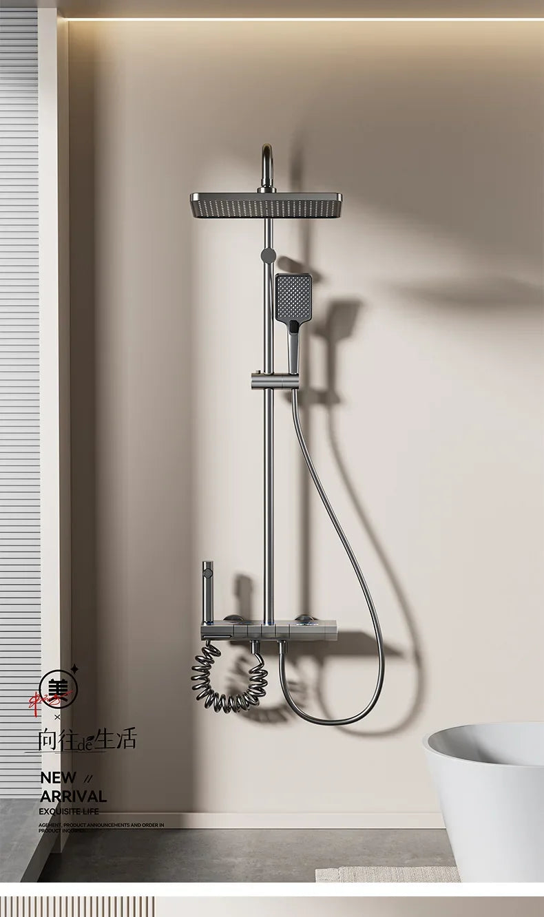 Space Aluminum Shower System,LED display Matte Gray Pressurized Shower Bath Shower Set Home Bathroom Drizzle System Set