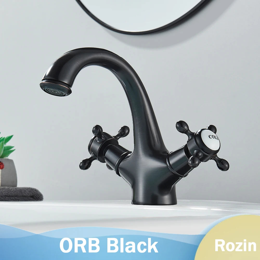 Rozin Dual Handle Basin Vessel Sink Faucet Deck Mounted Antique Brass Bathroom Washing Basin Faucet Hot and Cold Water Mixer Tap