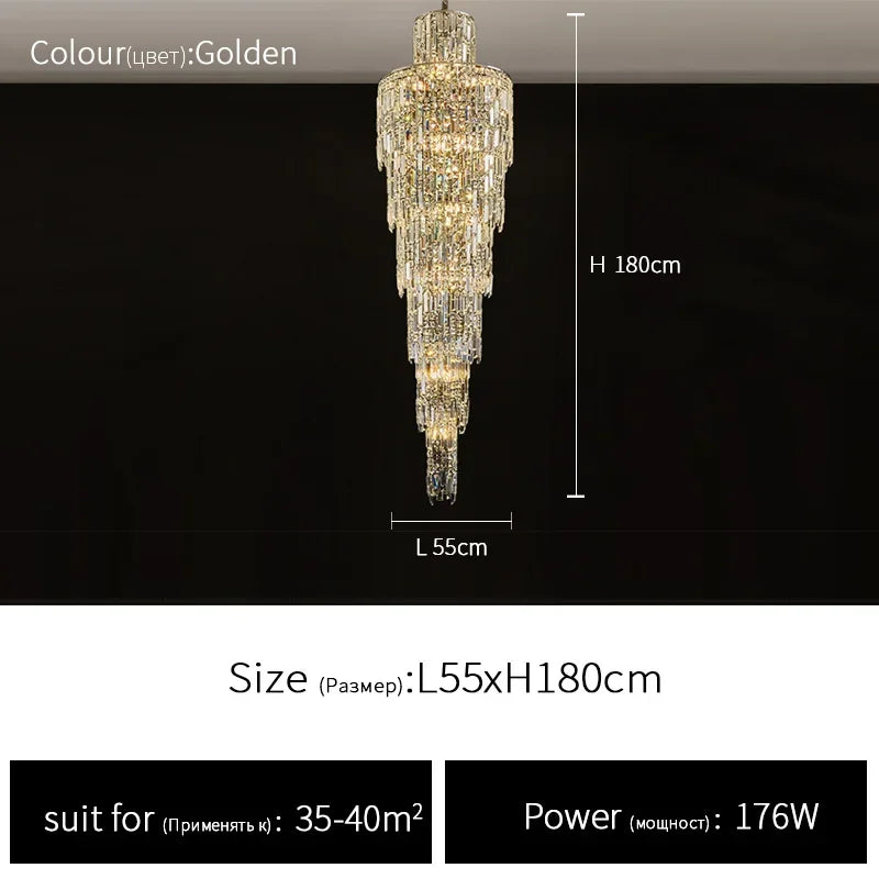 Villa Living Room Crystal Chandelier Hotel Hall Luxury Lighting for Duplex Floor Rotating Staircase Long Chandelier Decoration