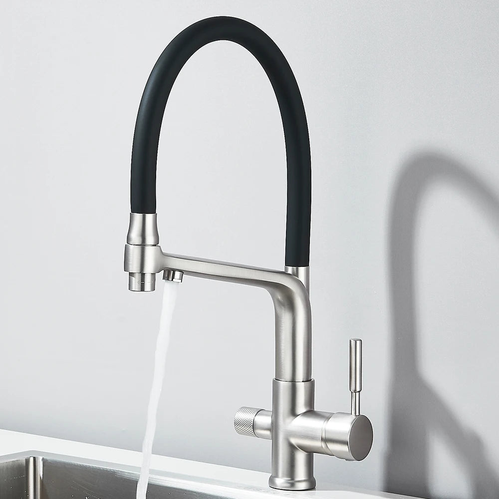 Brushed Gold Kitchen Faucet Filtered Water Dual Spout Purification Feature Kitchen Tap 360 Rotation Water Crane For Kitchen