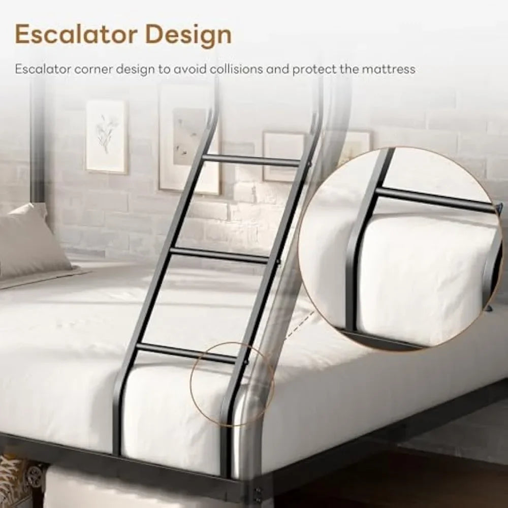Black Metal Bunk Bed Twin Over Full Size with Ladder & Guardrail
