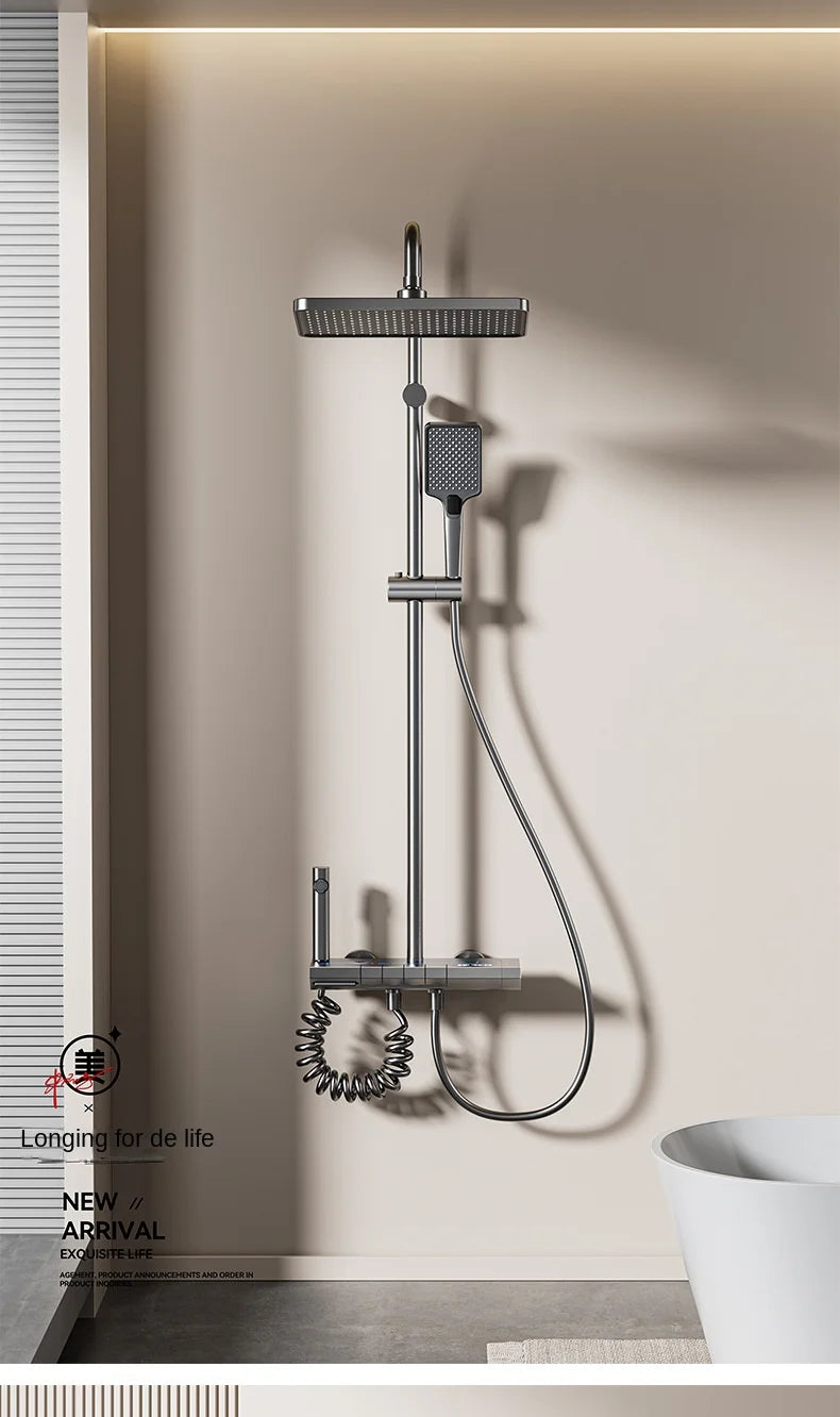 Space Aluminum Shower System,LED display Matte Gray Pressurized Shower Bath Shower Set Home Bathroom Drizzle System Set