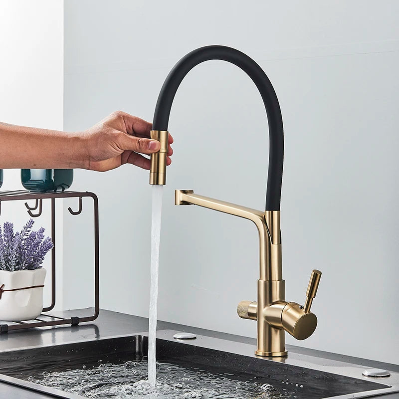 Brushed Golden Kitchen Sink Faucet Pure Water Filter Mixer Crane Dual Handle Pull Down Purification Kitchen Hot Cold Water Tap